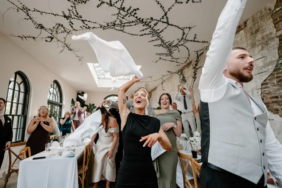 An outdoor wedding party in full swing